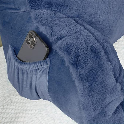 Plush Faux Fur Backrest Reading Bed Rest Pillow with Arms and Pockets for Sitting in Bed Couch Sofa, Back Support Wedge Cushion with Removable Cover, 20" x 18" x 17", Dark Blue
