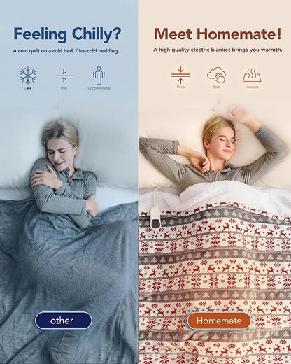 Homemate Electric Heated Blanket Twin Size - 62"x84" Heating Blanket Twin Size 1/2/4/6/8 Hours Auto-Off 10 Heat Level Over-Heat Protection Flannel Sherpa ETL Certification