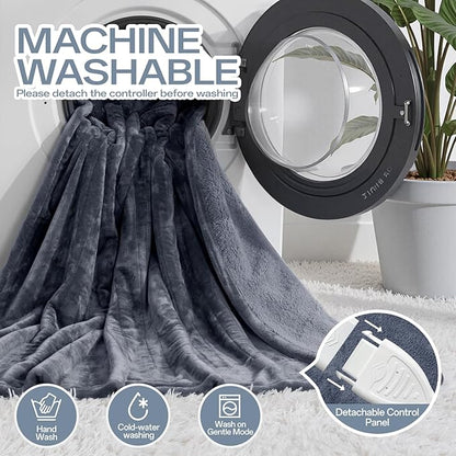 Electric Blanket Heated Twin Size-62" x 84" Heated Blanket with 8 Heat Levels & 10 Hours Auto Off, Fast Heating Flannel Blankets Machine Washable with ETL & FCC Certified, Light Grey