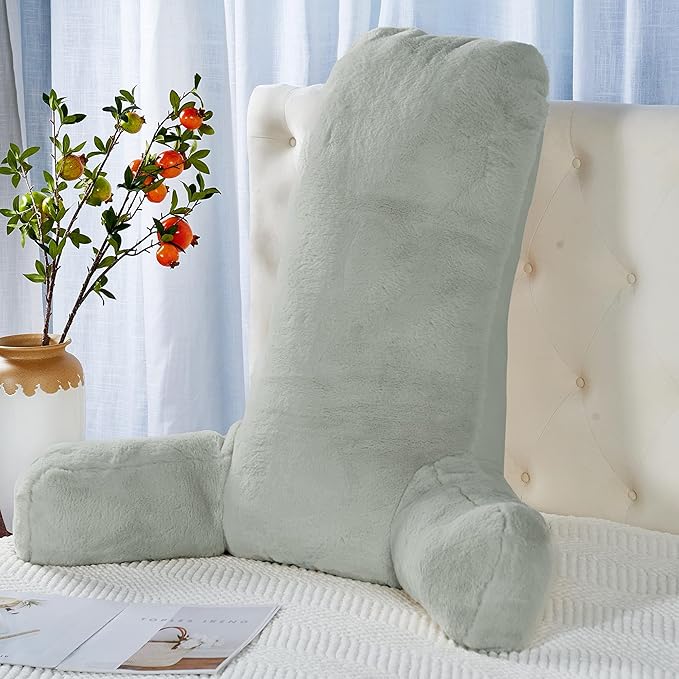 Faux Fur Assembly Need DIY Extra Large Backrest Reading Bed Rest Pillow with Arms and Pockets for Sitting in Bed Couch Sofa, Removable Cover & Filling Seprated, 28" x 30" x17", Light Gray