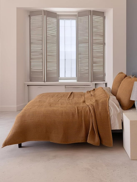 Premium Waffle Blanket Queen XL Size Caramel - Luxury, Pure 100% Turkish Cotton, Light & Airy Waffle Weave All-Season Quilt - Decorative Bedspread (Caramel, Queen XL 95" x 102" Inch)