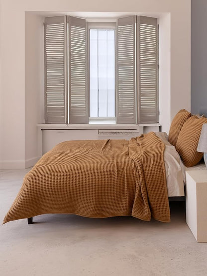 100% Turkish Cotton Waffle Blanket King Size Caramel - Premium Quality, Light and Airy Waffle Weave All-Season Quilt - Lux Decorative Bedspread (Caramel, King Size 95" x 110" Inch)