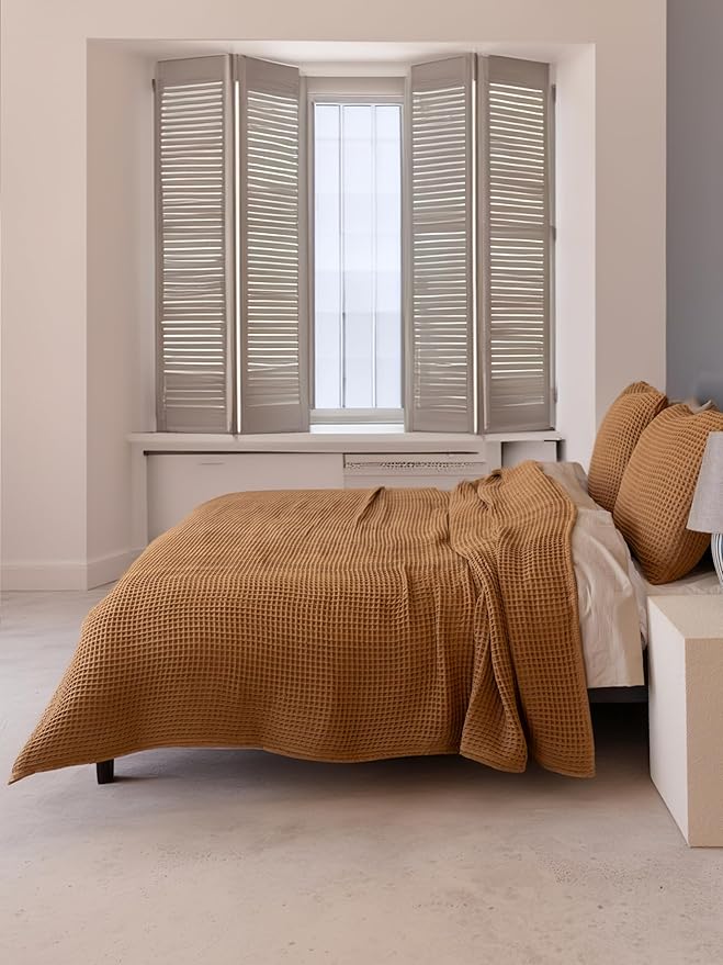 Premium Waffle Blanket Queen Size Caramel - Premium Quality, 100% Turkish Cotton, Light and Airy Waffle Weave All-Season Quilt - Lux Decorative Bedspread (Caramel, Queen 91" x 95" Inch)