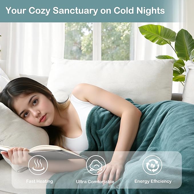 Electric Heated Blanket Twin Size 62"x84", Soft Fleece with 10 Hours Auto-Off & 4 Heating Levels, Overheating Protection, Machine Washable, Green Blue