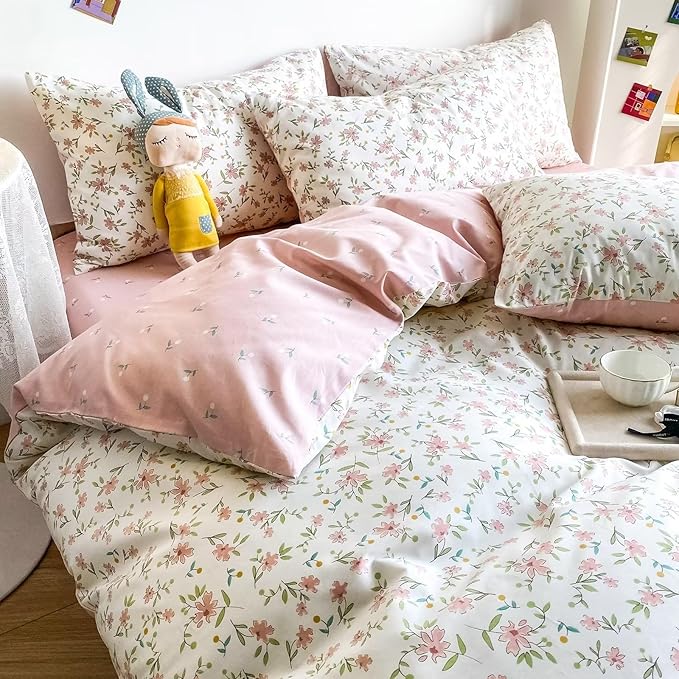 BuLuTu Pink Floral Duvet Cover Twin 100% Cotton Duvet Covers Set for Women Teen Girls Apricot Blossom Pink Flowers Reversible Twin Comforter Cover Garden Style Bedding Set,Zipper,Easy Care