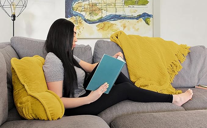 Super Soft Velvety Backrest Reading Bed Rest Pillow with Arms and Pockets 18" H for Sitting in Bed Couch Sofa, Back Support Wedge Cushion with Removable Cover, 20" x 18" x17", Mustard Yellow
