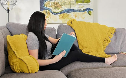 Super Soft Velvety Backrest Reading Bed Rest Pillow with Arms and Pockets 18" H for Sitting in Bed Couch Sofa, Back Support Wedge Cushion with Removable Cover, 20" x 18" x17", Mustard Yellow