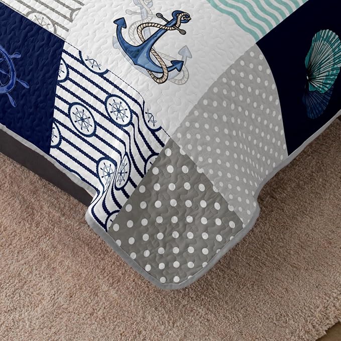 HOSIMA Nautical Quilts Queen Size,Plaid Patchwork Ocean Themed Bedding Sailboat and Anchor Print Coastal Bedding for Bedroom Nautical Decor,Navy Blue with 2 Pillowcases.
