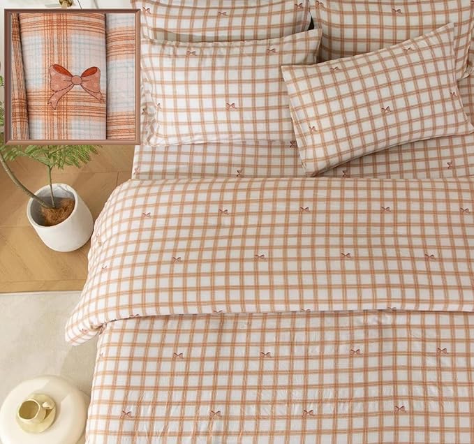 SDY 7PCS Bowknot Checkered Bedding Set Twin, Cozy Bow Bedding Set for Kids,Boys and Girls with Washed Microfiber Comforter, Flat Sheet, Fitted Sheet and Pillowcases & Shams