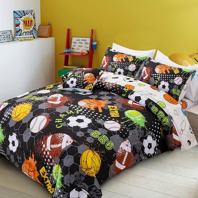 A Nice Night 6Pcs Bed in A Bag Full Sports Microfiber Comforter Set,Black Rugby Ball Basketball Printed Bedding Collections,for Boys Kids Teen