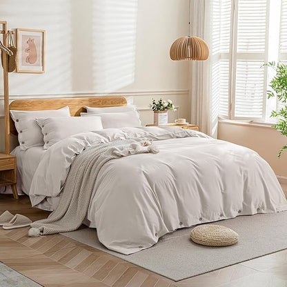 JELLYMONI Cotton Duvet Cover Cal King Size - Beige Comforter Cover with Button 100% Washed Cotton 3PCS Breathable Soft Solid Bedding Set Duvet Cover 104×98in & 2 Pillowcases (NO Comforter)