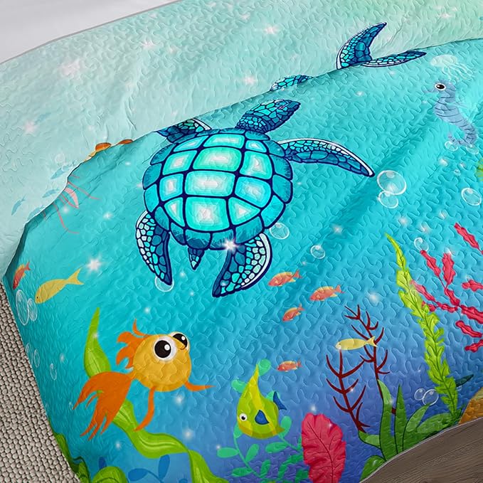 Coastal Turtle Quilts Bedding Set Queen Size 3Pcs Ocean Watercolor Sea Turtle Quilt Bed Set Beach Nautical Sea Animal Reptile Bedspreads Coverlet with 2 Pillowcases for All Season Kids Room Decor