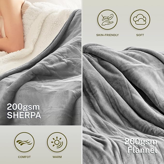 Heat Blanket 72”x84” Full Size,Soft Flannel & Sherpa Reversible Electric Blanket with 10 Heat Settings,12 Timer Setting and 8 Hours Auto-Shut Off,ETL Certified Machine Washable,Light Grey