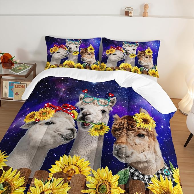 HOSIMA Funny Llama Comforter Set,Alpacas Bedding Sets Animal Theme Room Decor.Soft Microfiber Star Galaxy Sunflower Bed in a Bag Queen Comforter Set for Boys Girls Teens Dorm Room Essentials.