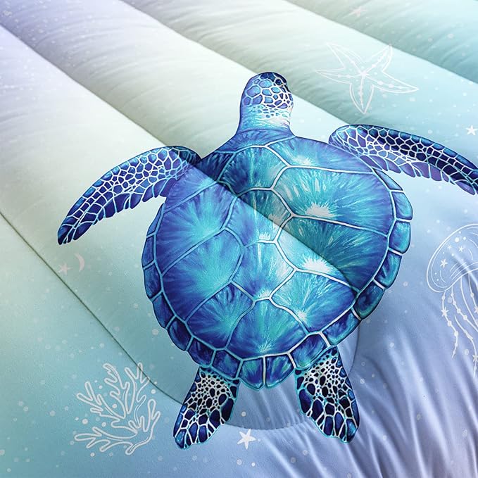 QOOMO Turtle Comforter Twin Size, Ocean Bedding Set for Kids Teens Girls Boys, 3Pcs Printed Comforter with 2 Pillowcases, Down Alternative, Soft and Lightweight (Blue, Twin Size)