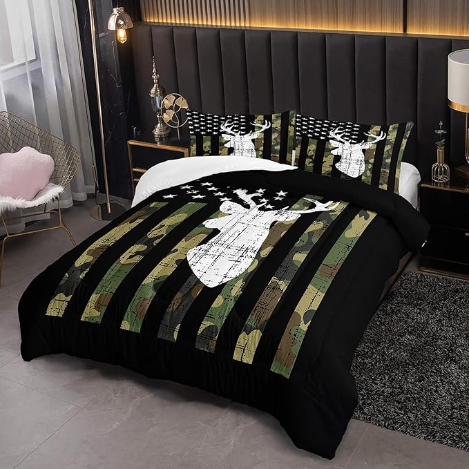 Deer Hunting Comforter Set Full Size, American Flag Bedding Set for Boys Teens, Army Green Military Camo Stripes Bedding Quilt Set Bedroom Decor 3 Pcs with 2 Pillowcase
