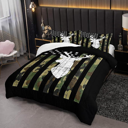 Deer Hunting Comforter Set Full Size, American Flag Bedding Set for Boys Teens, Army Green Military Camo Stripes Bedding Quilt Set Bedroom Decor 3 Pcs with 2 Pillowcase