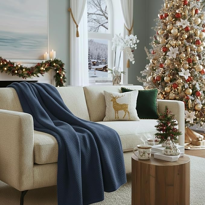 Cloud Scape Linen Herringbone Cotton Throw Blanket for Couch, Bed,Sofa, Home Decor, Soft, Heavy, All-Season, Winter Bed Blanket, Best Gift for Christmas, 50 x 70, Ensign Blue