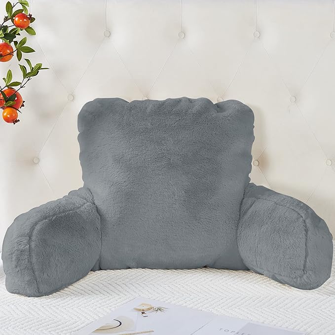 Plush Faux Fur Backrest Reading Bed Rest Pillow with Arms and Pockets for Sitting in Bed Couch Sofa, Back Support Wedge Cushion with Removable Cover, 20" x 18" x 17", Middle Gray