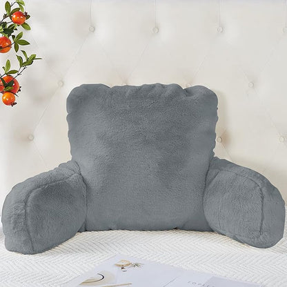 Plush Faux Fur Backrest Reading Bed Rest Pillow with Arms and Pockets for Sitting in Bed Couch Sofa, Back Support Wedge Cushion with Removable Cover, 20" x 18" x 17", Middle Gray