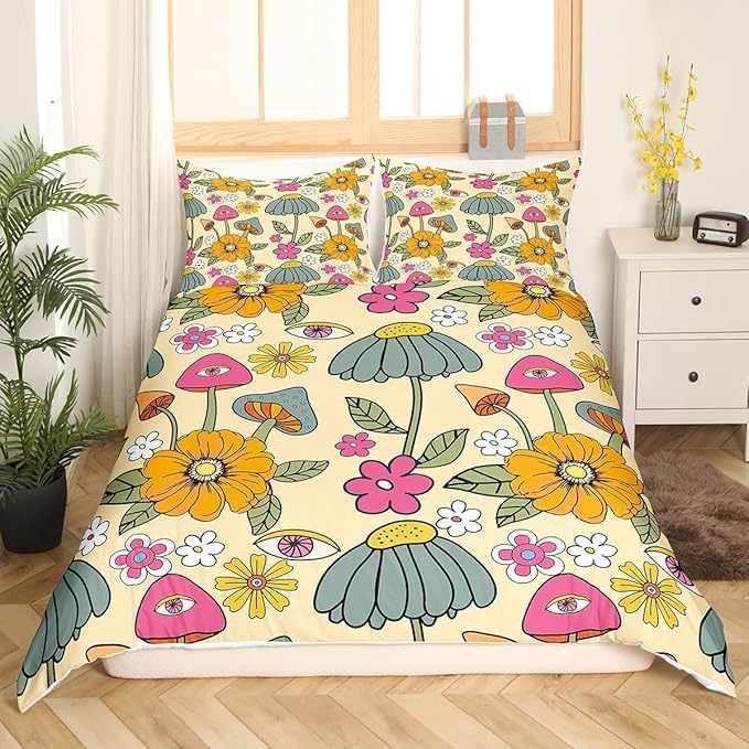 Castle Fairy 70s Floral Duvet Cover Set King Size, Hippie Flowers Leaves Comforter with 2 Pillowcases Bedding Set, Cartoon Eyes Mushroom Microfiber Quilt Cover, 3 pcs (No Comforter)