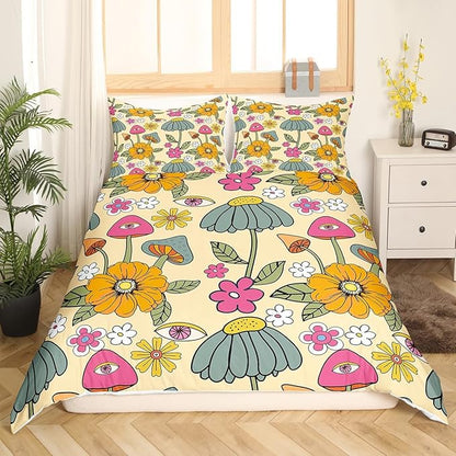 70s Retro Floral Kids Duvet Cover Set Queen Size for Children,Hippie Flowers Leaves Bedding Set for Girls Teens,Cartoon Eyes Mushroom Comforter Cover with 2 Pillowcases, Soft (No Comforter)