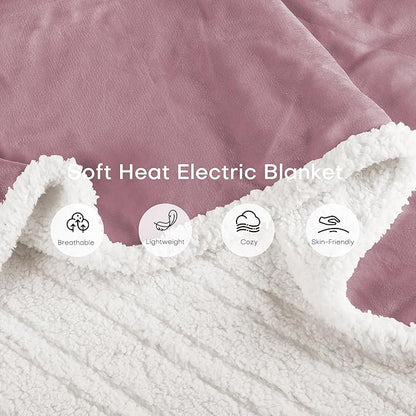 Electric Heated Blanket Throw Size 50"x60" - Dual-Sided with Microplush & Sherpa Fabric, 4 Heat Settings & 3 Hours Auto Off, Machine Washable - Berry