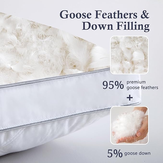 puredown® Made in USA Goose Feathers and Down Gusseted Pillows, 100% Cotton Cover, Pillows King Size Set of 2, Hotel Luxury Gusseted Bed Pillows for Sleeping
