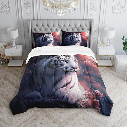 White Tiger Wild Animal Floral Comforter 3Pcs Full 3D Safari Animal Hunting Theme Flower Bedding Set for Kid Teen Boy Girl Adult Cherry Blossoms Quilt Decor with 1 Comforter and 2 Pillowcases