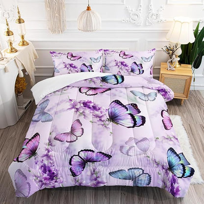 Lavender Butterfly Comforter Set for Girl Kid Adult Colorful Butterfly Pattern Bedding Set Aesthetics Butterflies Quilt Bed Set Full Size with 1 Comforter and 2 Pillowcases