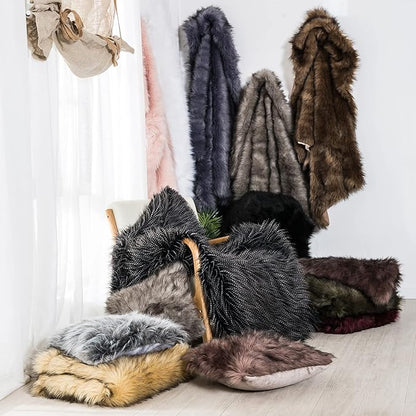 Luxury Faux Fur Blanket Queen Size, Ultra Big Grey and Black High Pile Mixed Faux Fur Throw, Oversized Super Warm, Fuzzy, Elegant, Fluffy Decoration Throw Blanket for Sofa, Couch and Bed, 90''x 90"
