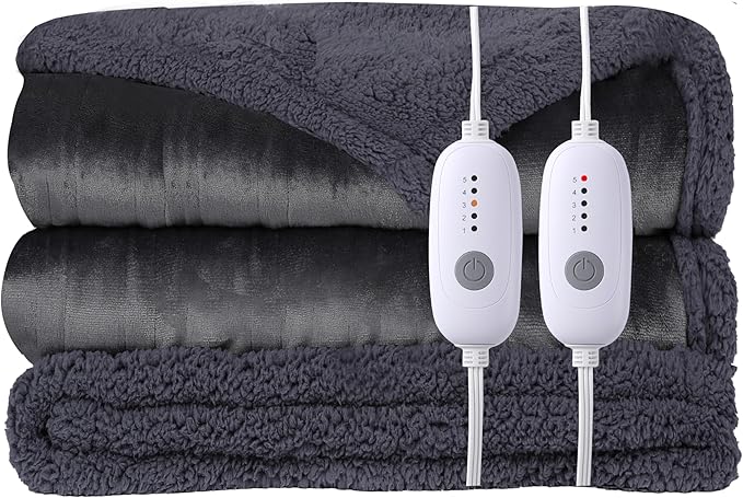 Heated Electric Blanket Queen Size Blanket 84" x 90" with Dual Control, 5 Levels Heating & 10Hs Auto Off, Dark Gray