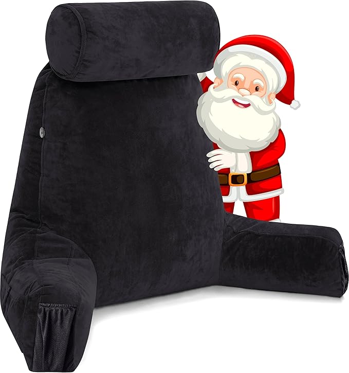 Husband Pillow Medium Black, Backrest for Kids, Teens, Petite Adults - Reading Pillows with Arms, Adjustable Loft, Plush Memory Foam, Bed Rest Chair for Sitting Up, Detach Neck Roll, Removable Cover