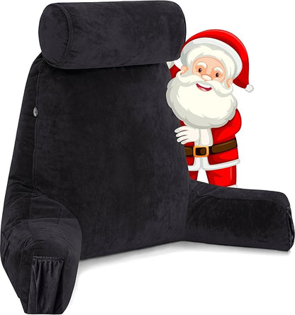 Husband Pillow Medium Black, Backrest for Kids, Teens, Petite Adults - Reading Pillows with Arms, Adjustable Loft, Plush Memory Foam, Bed Rest Chair for Sitting Up, Detach Neck Roll, Removable Cover
