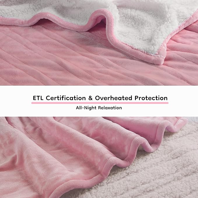 Electric Heated Blanket Queen Size - 84"x90", Soft Flannel Heating Blanket, 10 Heating Levels, 1-12 H Auto Shut Off, Dual Controllers, Breathable Warm and Washable for Bed, Light Pink