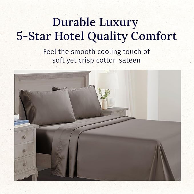 California Design Den 600 Thread Count Sheets King, 100% Cotton Sheet, Sateen, King Size Bed Sheets, Soft, Cooling, Hotel-Quality Bedding with Deep Pockets (Mushroom - Taupe Brown)