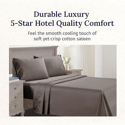 California Design Den Twin XL Sheet Set, 600 Thread Count Sateen, 100% Cotton Deep Pocket Sheets, Soft, Cooling Brown Sheet Set, Hotel-Quality Bedding (Mushroom - Taupe Brown)