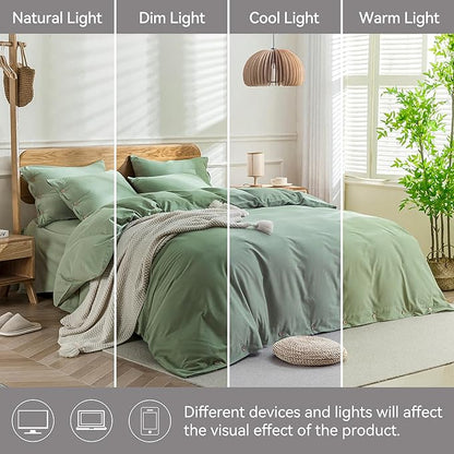 JELLYMONI Cotton Duvet Cover Queen Size - Light Green Comforter Cover with Button 100% Washed Cotton 3PCS Breathable Soft Solid Bedding Set Duvet Cover 90×90in & 2 Pillowcases (NO Comforter)