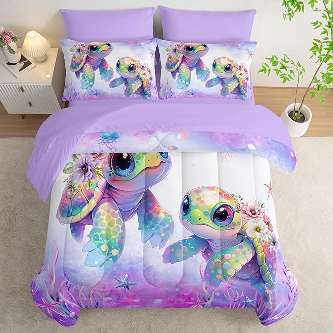 Sea Turtle Bedding Full Comforter Set 7 Piece,Coastal Beach Themed Bed Set for Kids Girls Room Decor,Cute Bedding with 1 Comforter,1 Flat Sheet,1 Fitted Sheet,4 Pillowcases.