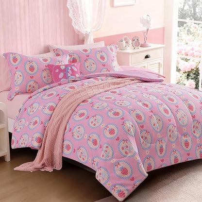 Twin Comforter Set for Girls-3 Pieces Pink Strawberry Twin Bedding Sets for Kids,1 Comforter,1 Sham and 1 Decor Pillow