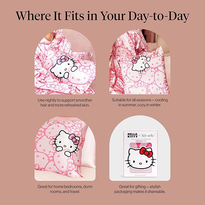 Kitsch x Hello Kitty Pillow Case – Pink Kitty Faces Toddler Bed Time Satin Pillowcase with Zipper – Soft Cooling Pillow Cover for Hair & Skin – Better Than Silk Pillowcase – Queen/Standard 19x26