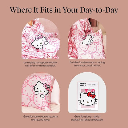 Kitsch x Hello Kitty Pillow Case – Pink Kitty Faces Toddler Bed Time Satin Pillowcase with Zipper – Soft Cooling Pillow Cover for Hair & Skin – Better Than Silk Pillowcase – Queen/Standard 19x26