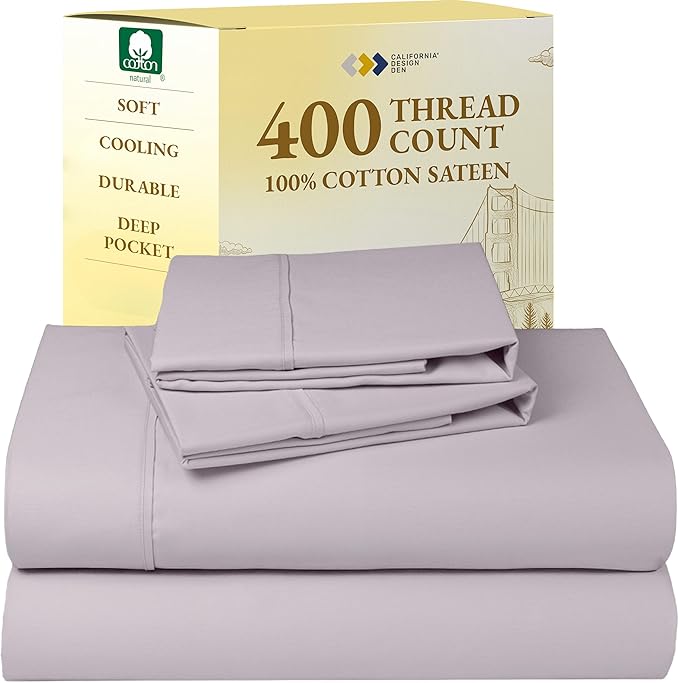 California Design Den Full Size Bed Sheets Set - Soft 400 Thread Count Sateen, Natural 100% Cotton Sheets with Deep Pockets, Breathable, and Durable Bedding Set - Dusky Lavender Grey