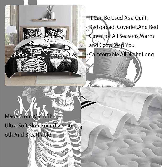AILONEN Black and White Queen Size Quilt Set,Mr Mrs Skull Bedspread Coverlet + 2 Pillowcases,3Pcs Valentines Skeleton His Hers Bed Cover for Couples Lovers