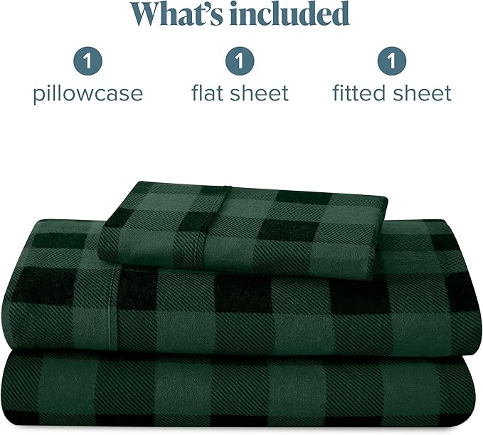 Bare Home Flannel Sheet Set Prints, 100% Cotton, Velvety Soft Heavyweight - Double Brushed Flannel - Deep Pocket (Twin, Buffalo Plaid - Forest Green/Black)