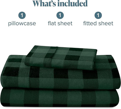 Bare Home Flannel Sheet Set Prints, 100% Cotton, Velvety Soft Heavyweight - Double Brushed Flannel - Deep Pocket (Twin, Buffalo Plaid - Forest Green/Black)