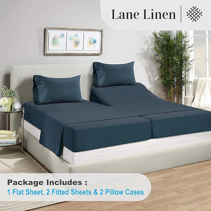 LANE LINEN 100% Egyptian Cotton Split King Sheets for Adjustable Beds - Soft & Comfy Sateen Weave Naturally Cooling Breathable Oeko Tex Certified Bed Sheets - Dark Denim