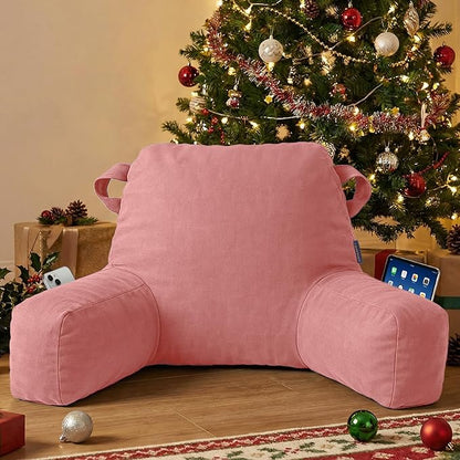 Portable Comfy Reading Pillows for Bed Sitting Up(Dark Pink Oeko-Tex), Velvet Back Pillow with Arms & Pockets for Adults, Support Memory Foam Bed Pillow for Dorm/Reading/Watching/Gaming