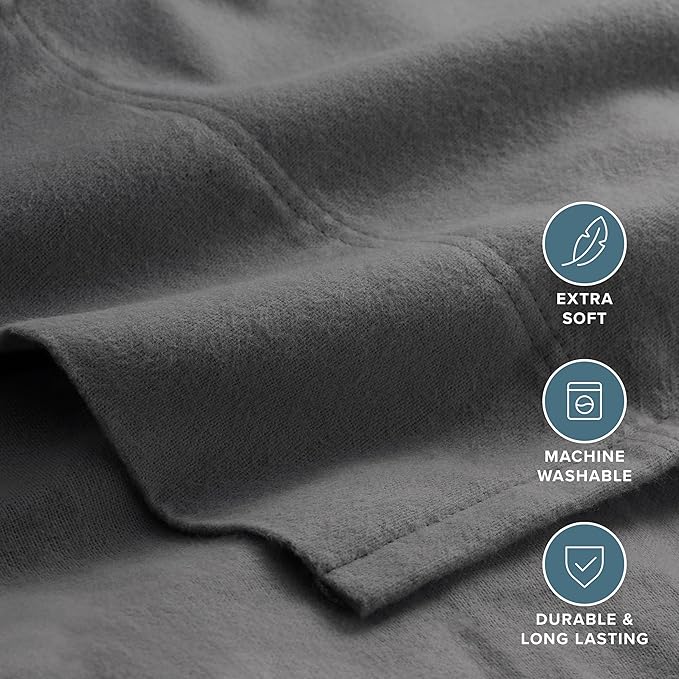 Bare Home Flannel Sheet Set 100% Cotton, Velvety Soft Heavyweight - Double Brushed Flannel - Deep Pocket (Split California King, Grey)