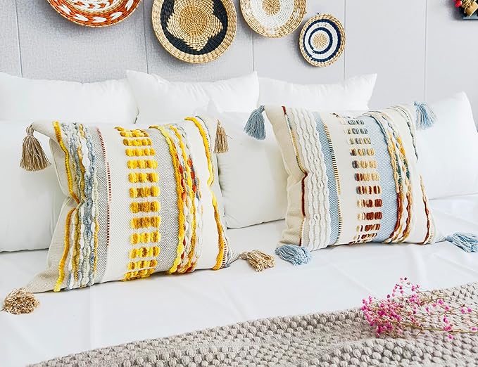 Boho Throw Pillow Covers 16x16 Aesthetic Neutral Boucle Couch Pillow Cover Rainbow Striped Decorative Accent Pillow Case for Couch Bed Sofa Farmhouse,Modern Funky,Set of 2 Yellow-Grey